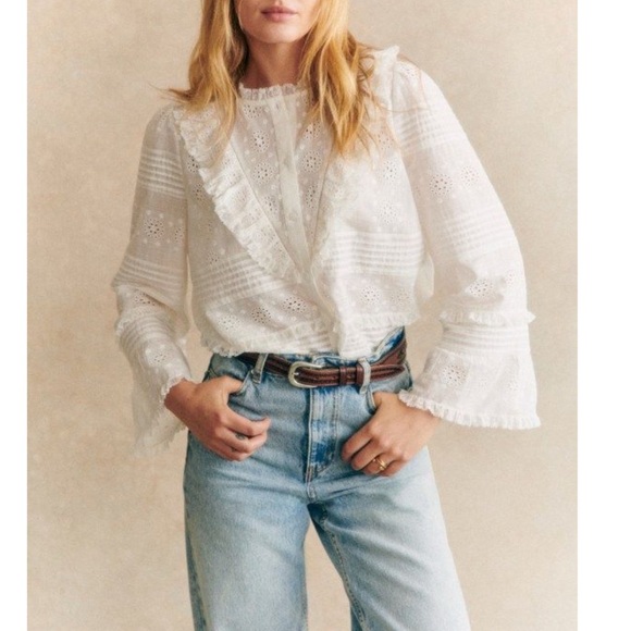 SEZANE White Floral Eyelet Embroidered Pleated Lace Ruffle Bell Sleeve Nele Top - Picture 17 of 17